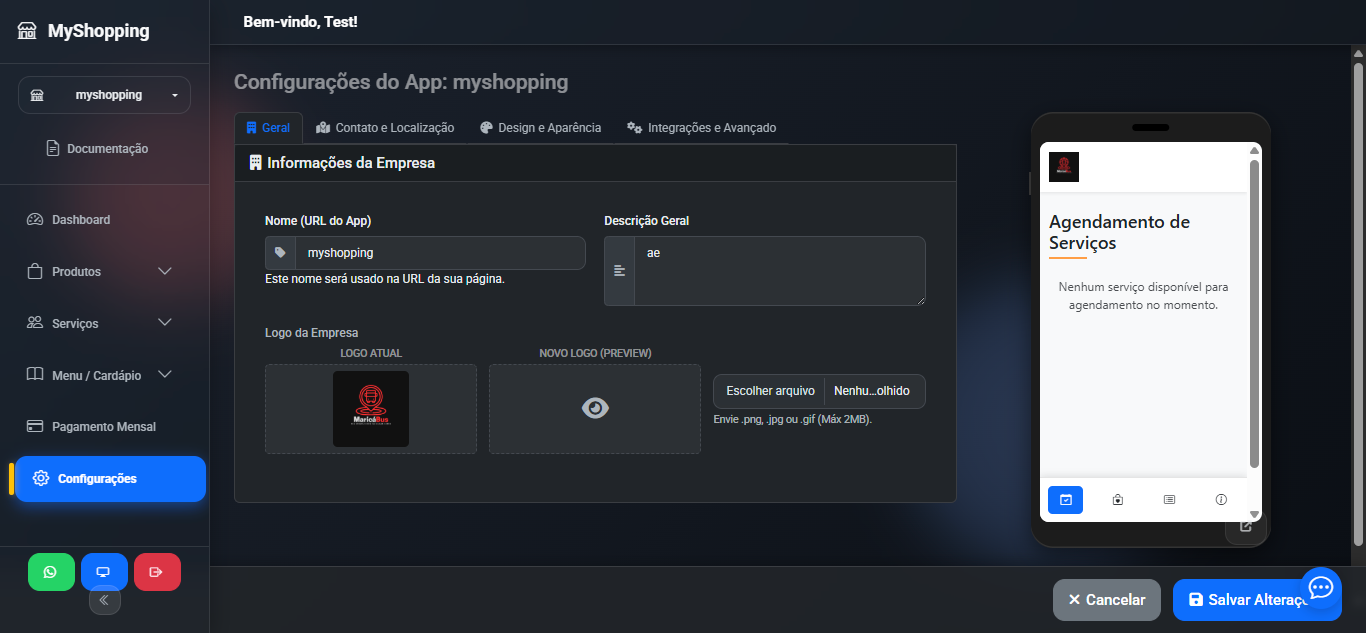 Captura de tela da dashboard